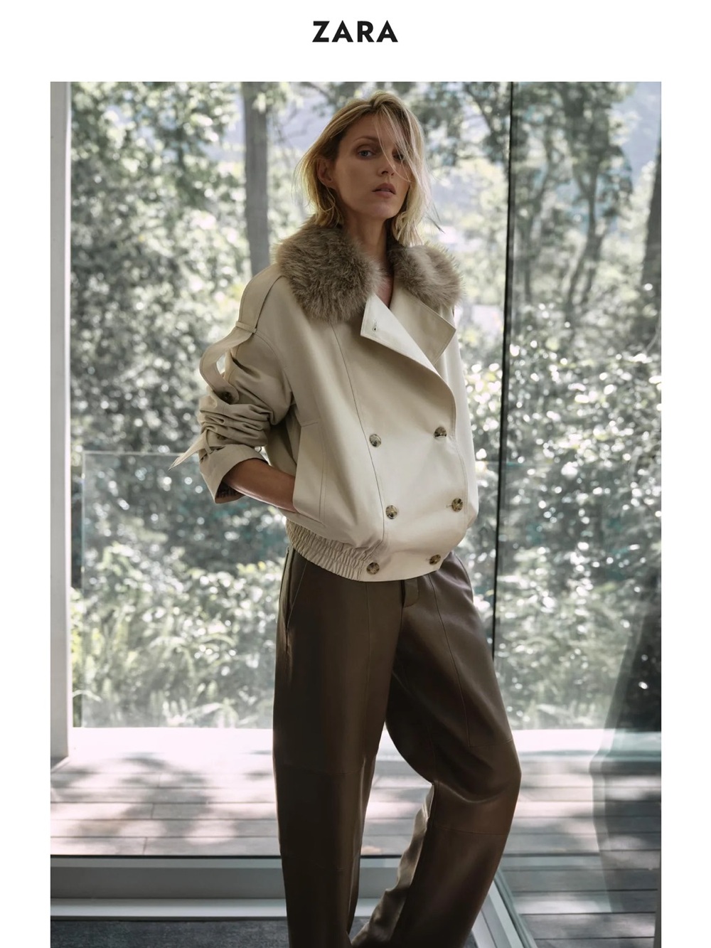 NWT Zara ZW Collection Faux Fur Water Repellent Short Trench Coat Ecru XS